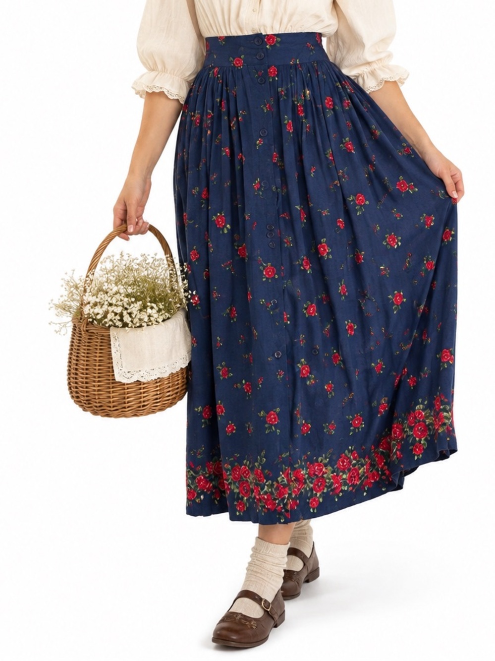 Vintage 90s rayon Navy Midi Skirt Red Rose Print button front L Cottagecore